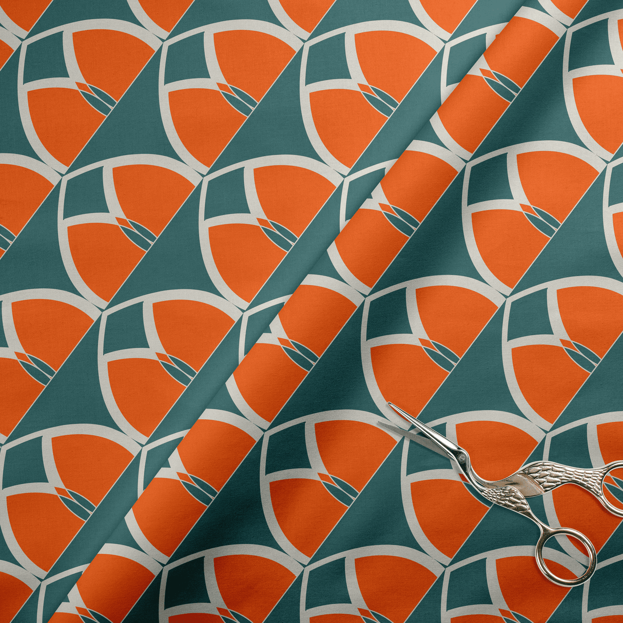 Shadowbright Teal and Orange Retro Geometric Cotton Drill Fabric