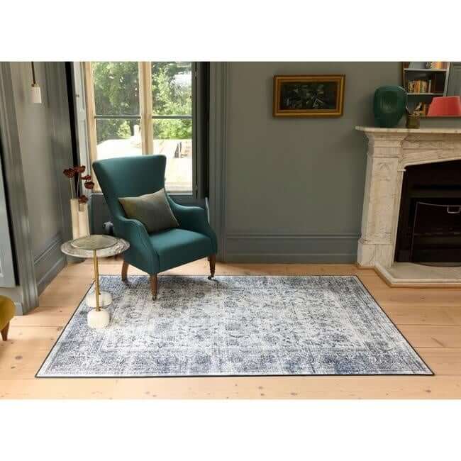 Eco Washable Blue Rug Bordered Design – Easy Care | The Rugs
