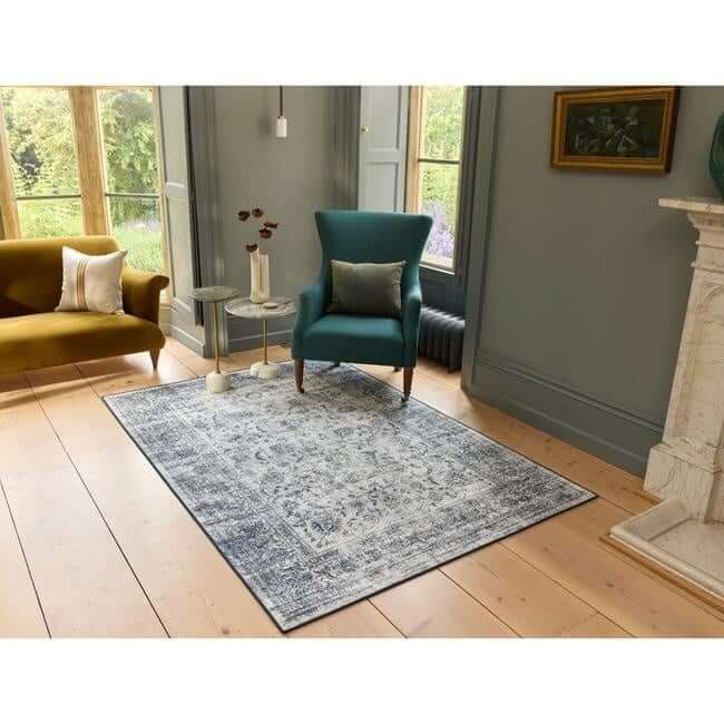 Eco Washable Blue Rug Bordered Design – Easy Care | The Rugs