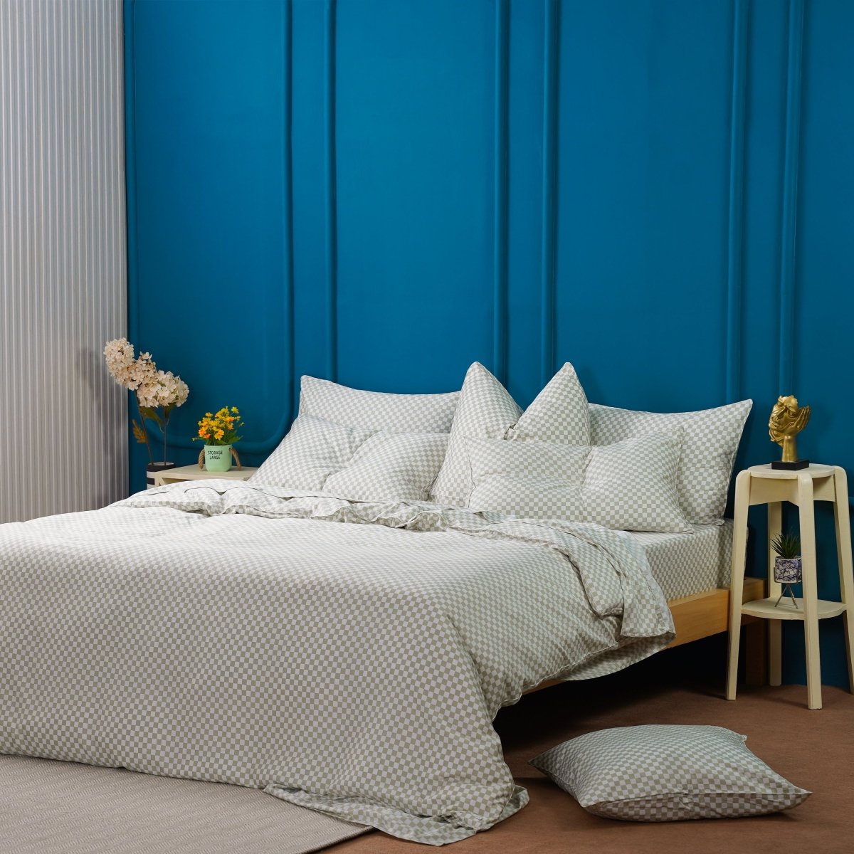 SHEET STORY Ackly Bamboo Sage Green Checkerboard Bedding Set