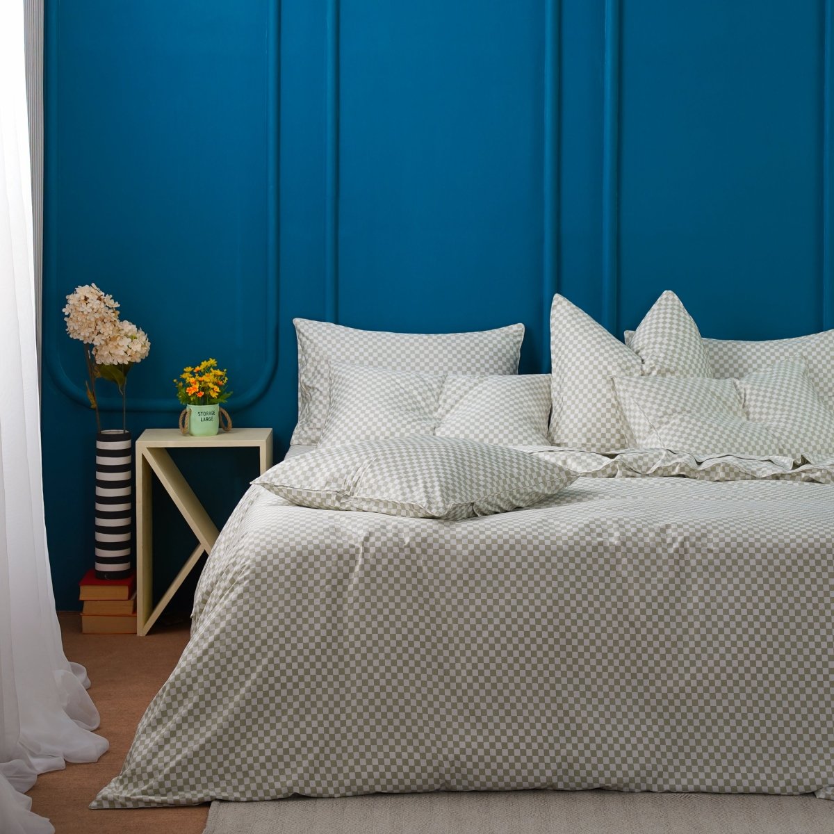 SHEET STORY Ackly Bamboo Sage Green Checkerboard Bedding Set