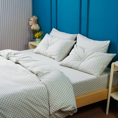 SHEET STORY Ackly Bamboo Sage Green Checkerboard Duvet Cover
