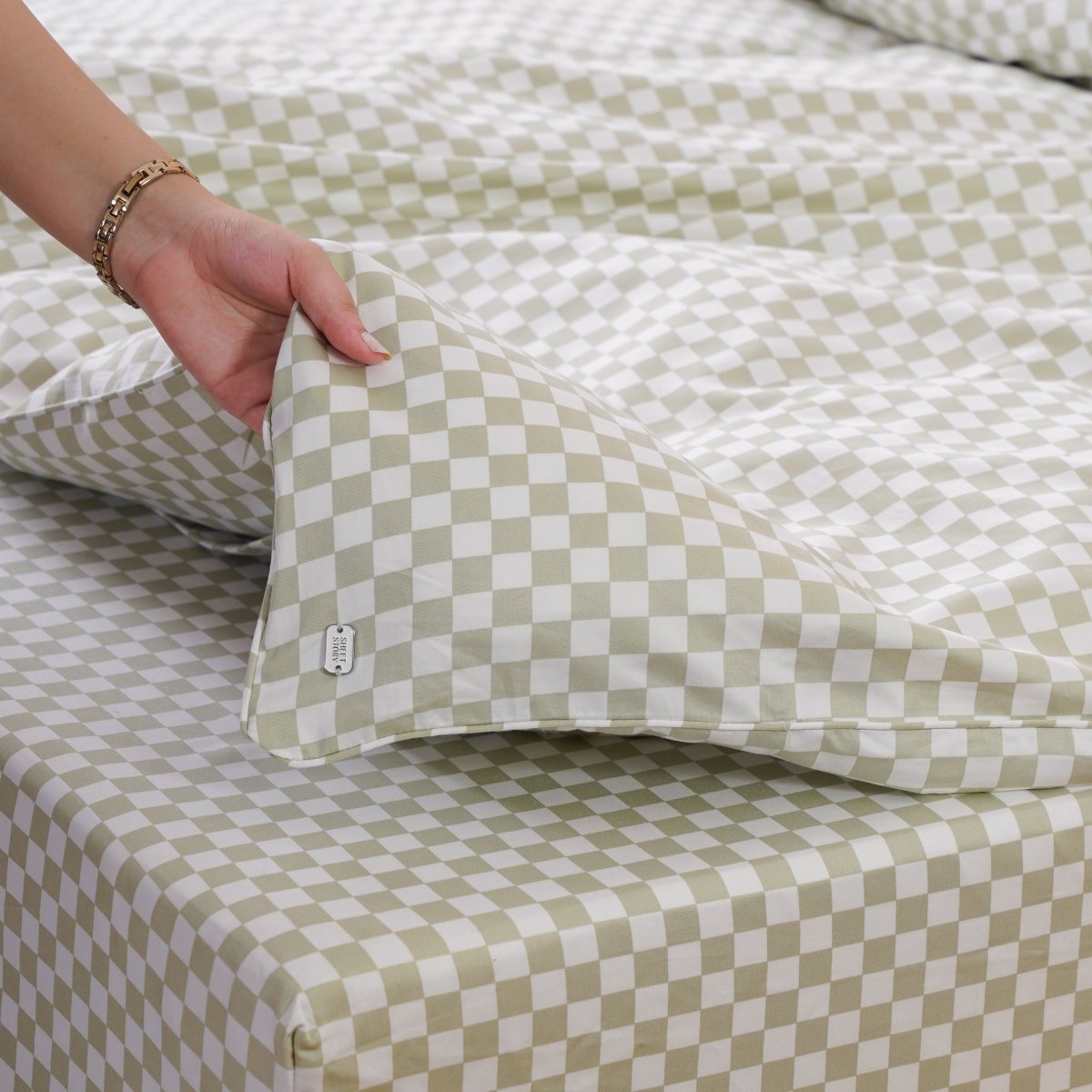 SHEET STORY Ackly Bamboo Sage Green Checkerboard Duvet Cover