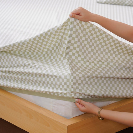 SHEET STORY Ackly Bamboo Sage Green Checkerboard Fitted Sheet