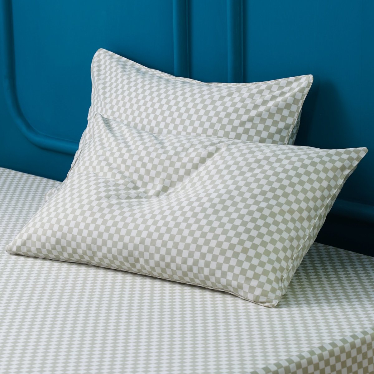 SHEET STORY Ackly Bamboo Sage Green Checkerboard Pillowcases Pair 400TC