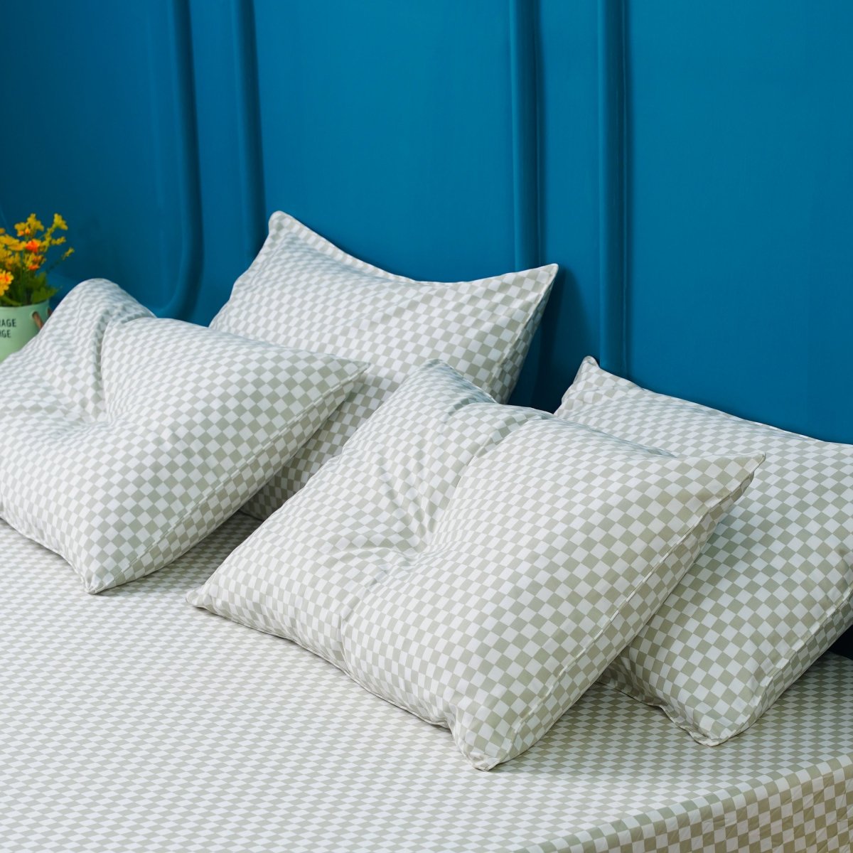 SHEET STORY Ackly Bamboo Sage Green Checkerboard Pillowcases Pair 400TC