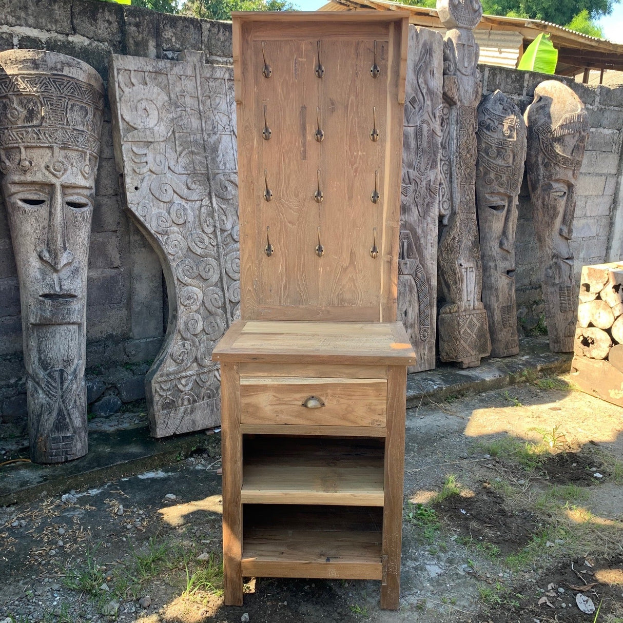 HatiNest Recycled Teak Wood Hallway & Bathroom Stand with Hooks - 61×46×209cm