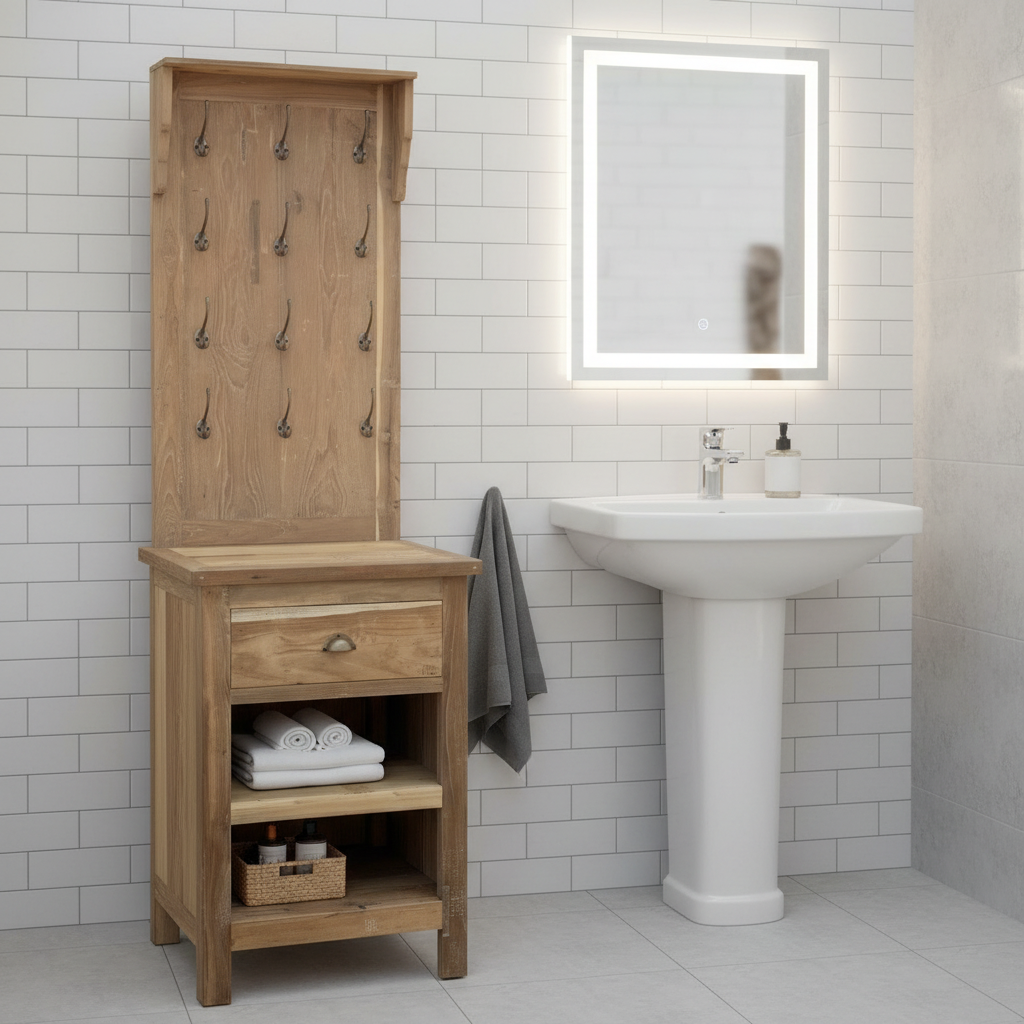 HatiNest Recycled Teak Wood Hallway & Bathroom Stand with Hooks - 61×46×209cm