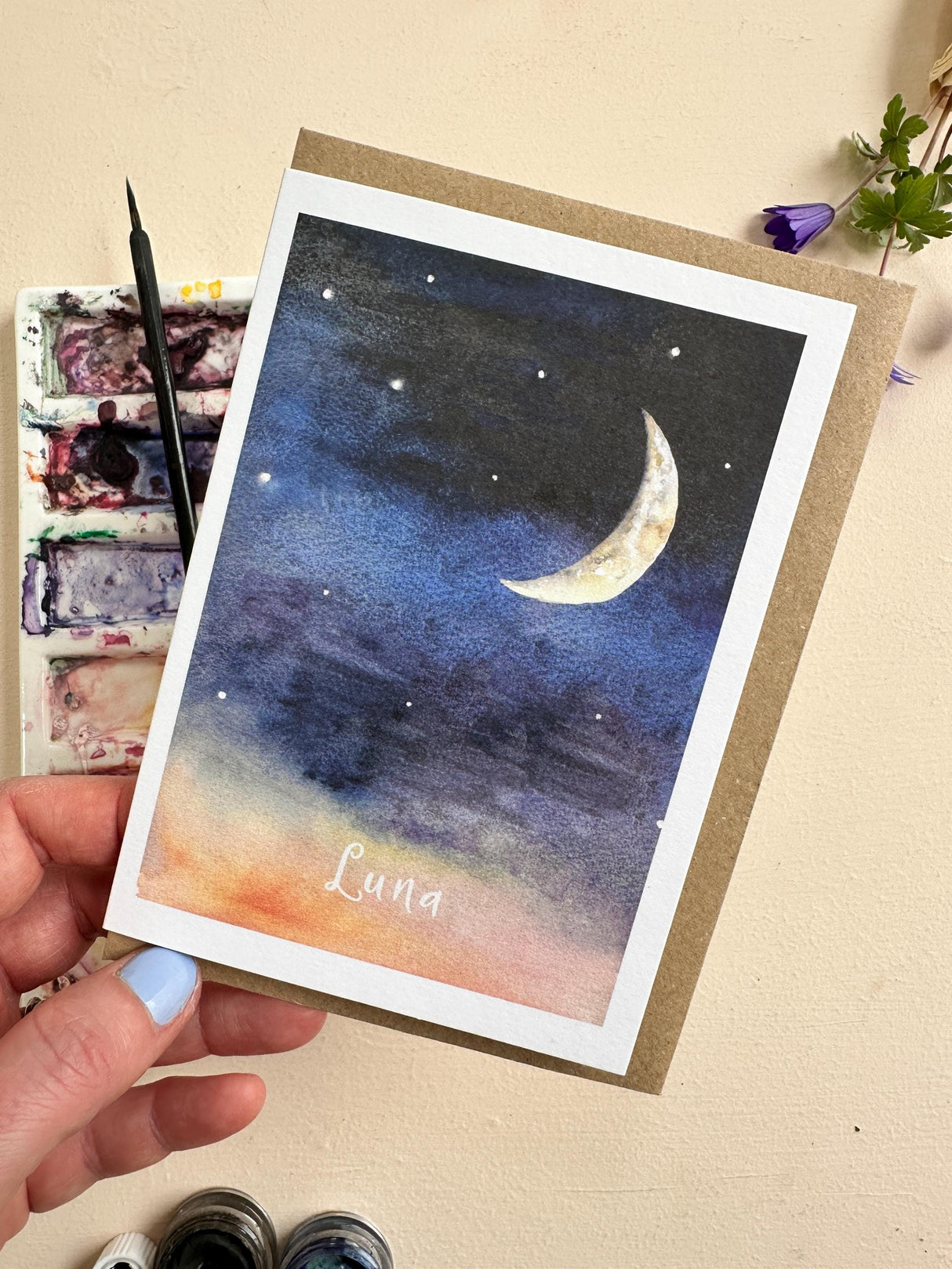 Katie Hipwell Design Hand‑Painted Crescent Moon Luna Watercolour Card