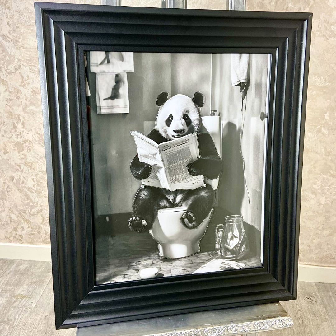 Pagazzi Panda on the Lavatory Liquid Artwork with Black Frame