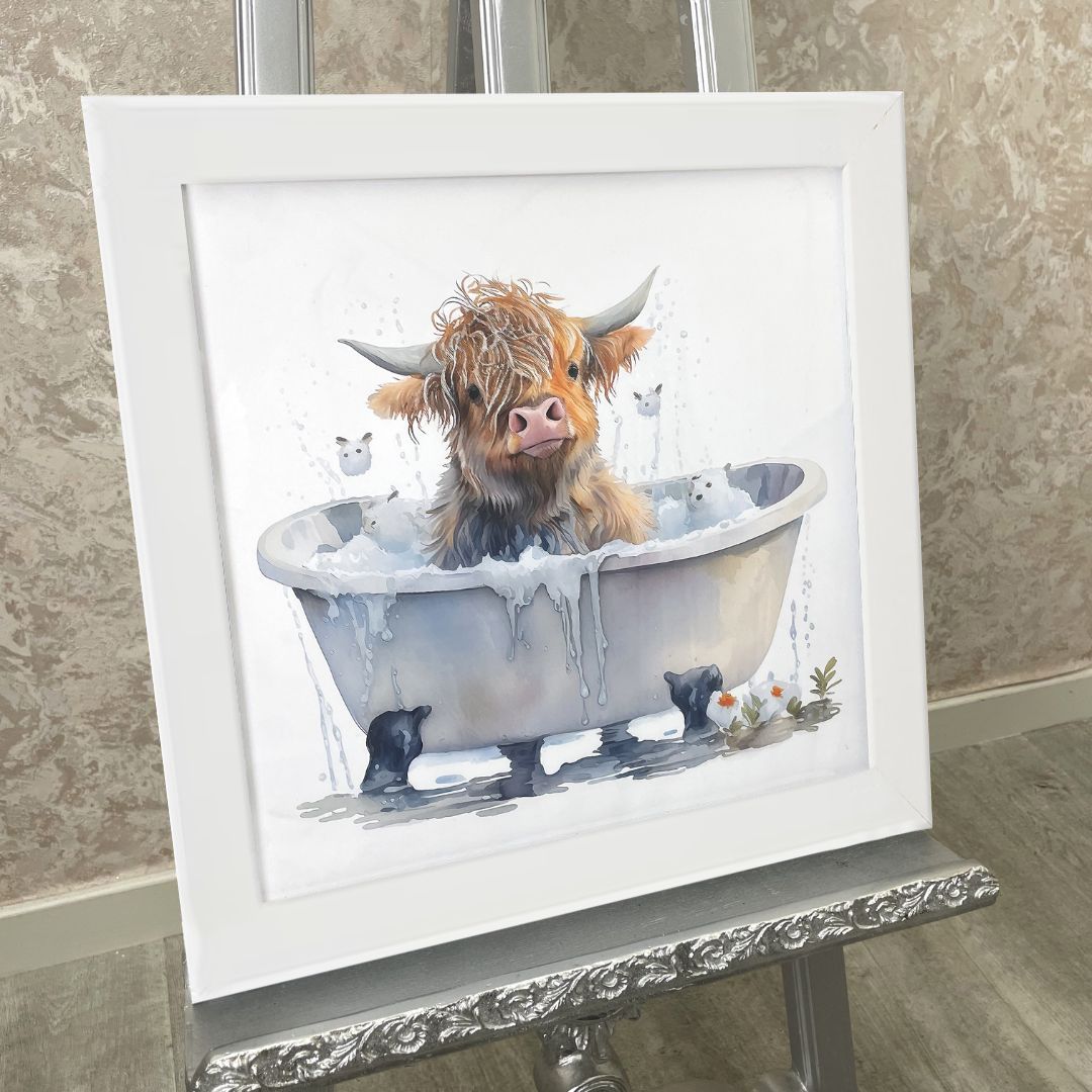 Pagazzi Baby Highland Cow in Bathtub Wall Art with White Frame