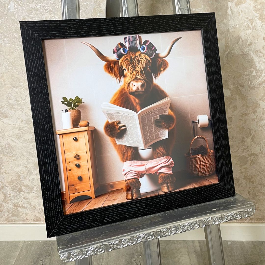 Pagazzi Lady Highland Cow on Lavatory Artwork with Black Wooden Frame