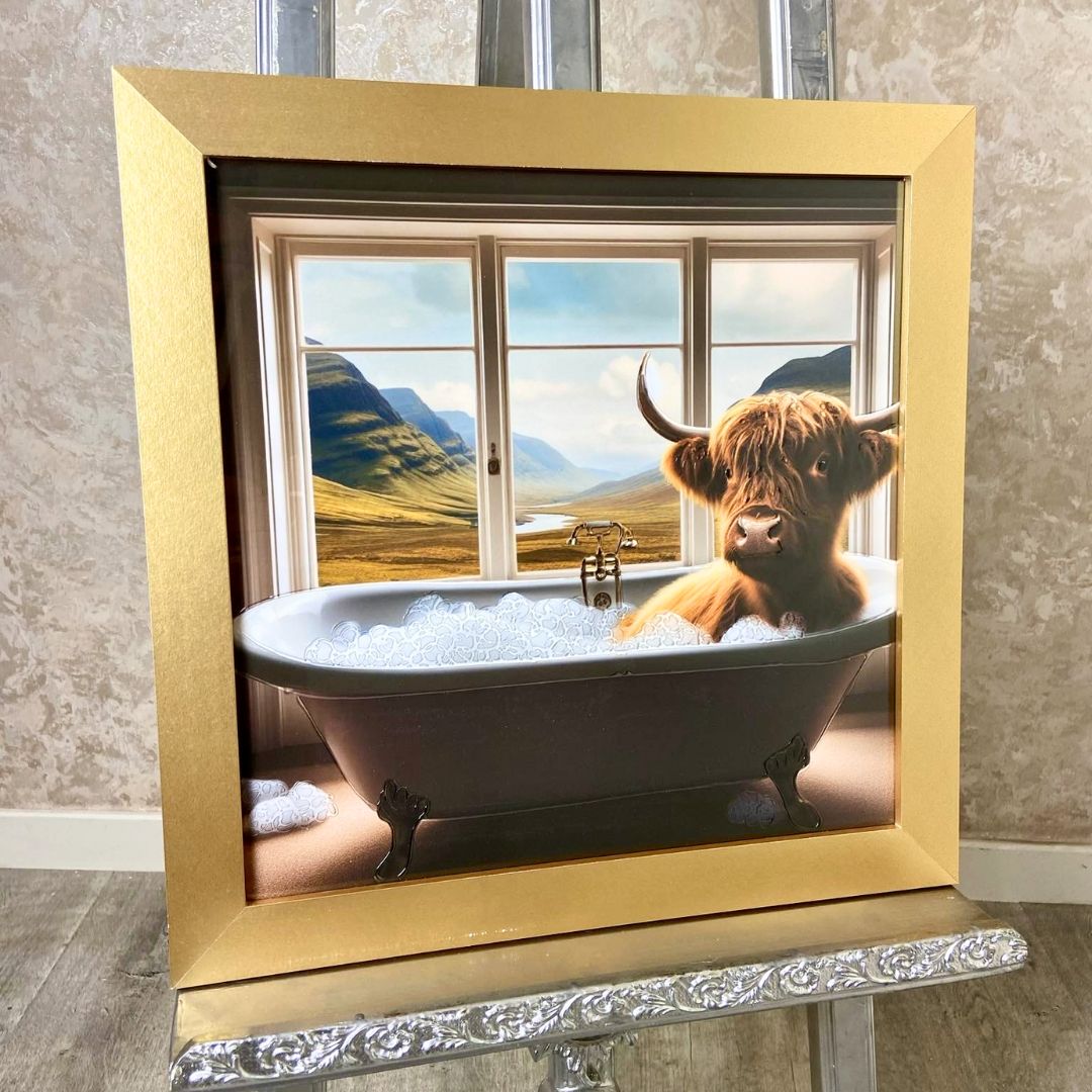 Pagazzi Highland Cow in the Bath Wall Art with Gold Frame - 40cm