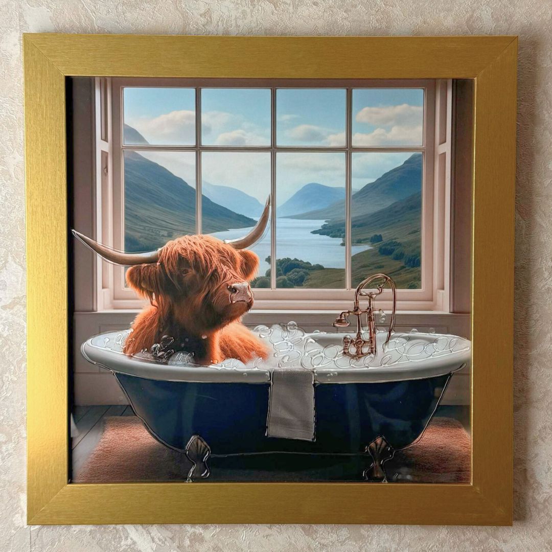 Pagazzi Highland Cow in the Bath II with Gold Frame