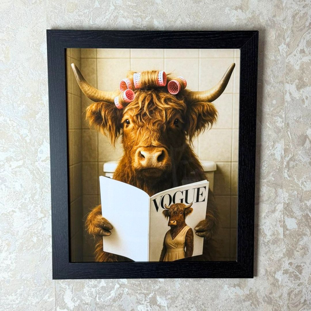 Pagazzi Lavatory Highland Cow Wall Art with Black Frame
