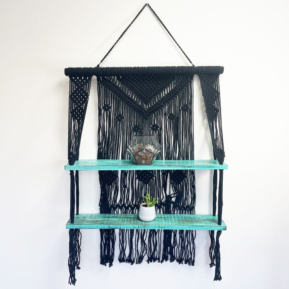 HatiNest Black Macrame Hanging Shelves - Turquoise
