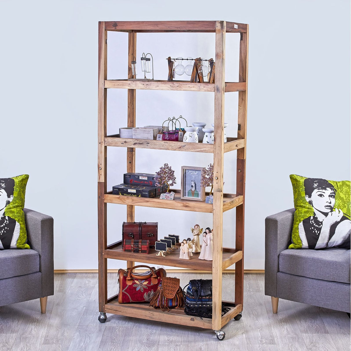 HatiNest Recycled Teak Wood Six Shelf Display with Casters - 79x37x180cm