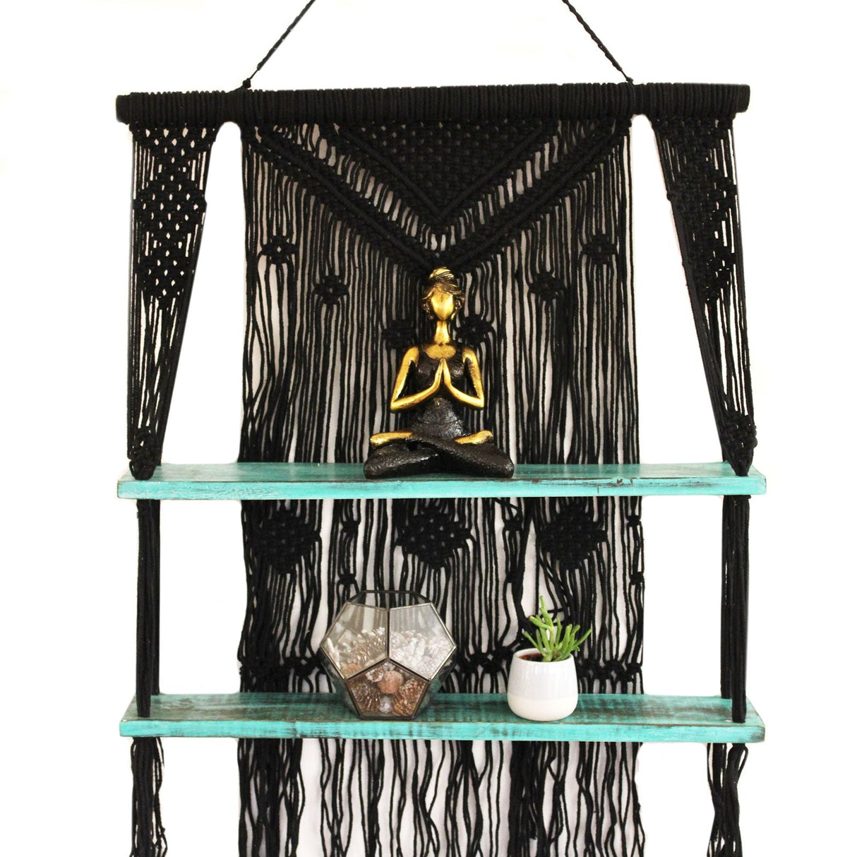 HatiNest Black Macrame Hanging Shelves - Turquoise