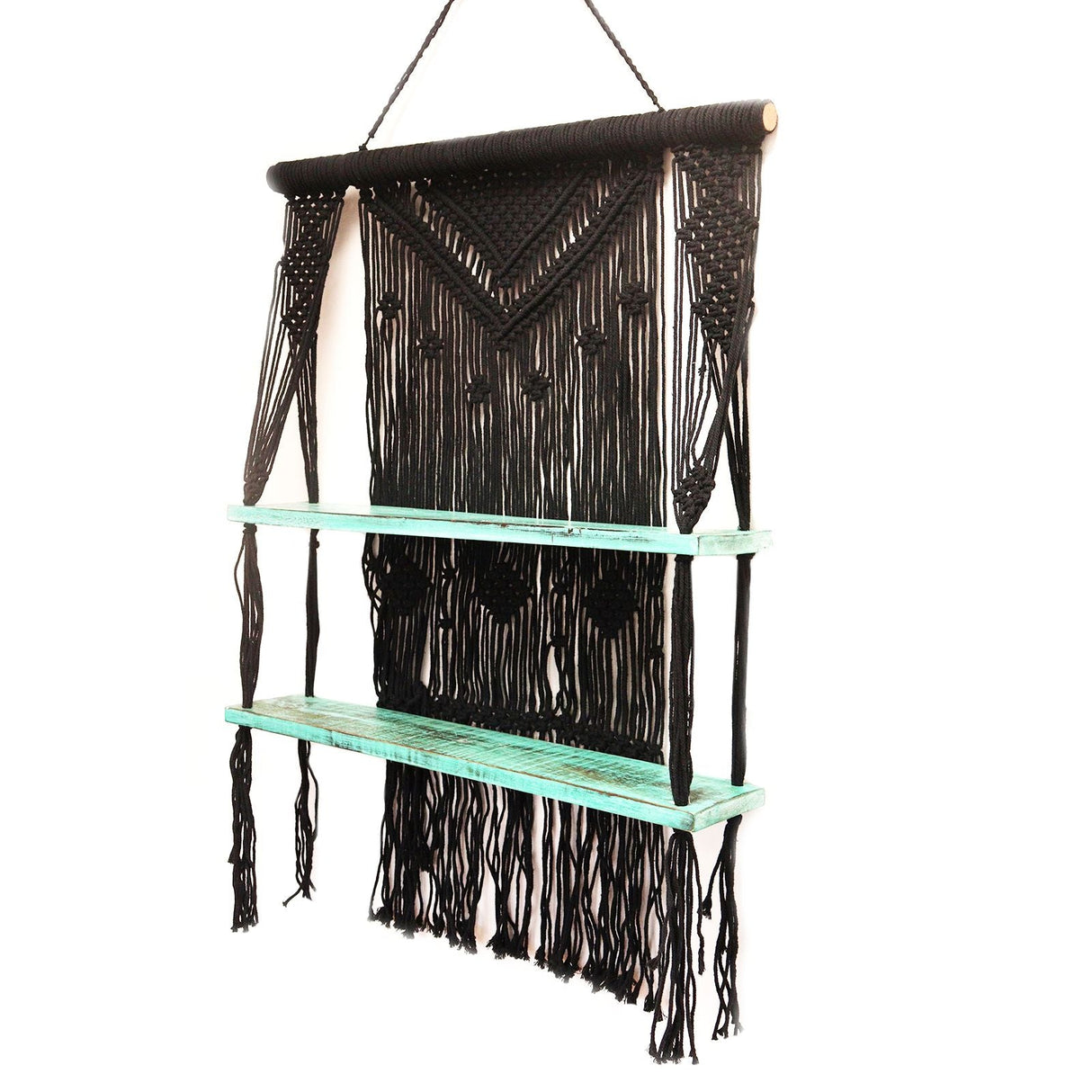 HatiNest Black Macrame Hanging Shelves - Turquoise