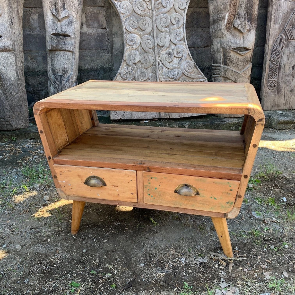 HatiNest Recycled Teak Wood Small TV Stand with 2 Drawers - 81x49x41cm