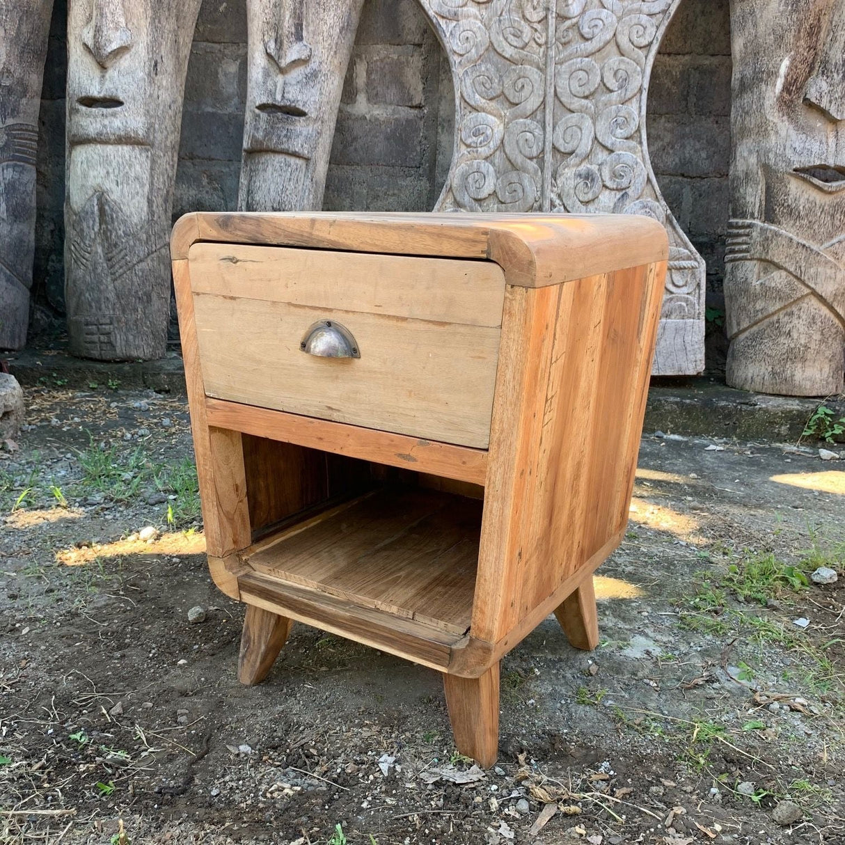 HatiNest Recycled Teak Wood Round Bedside Table - 45x37x57cm