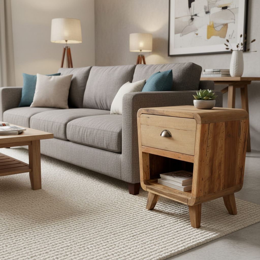 HatiNest Recycled Teak Wood Round Bedside Table - 45x37x57cm