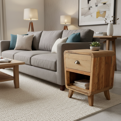 HatiNest Recycled Teak Wood Round Bedside Table - 45x37x57cm