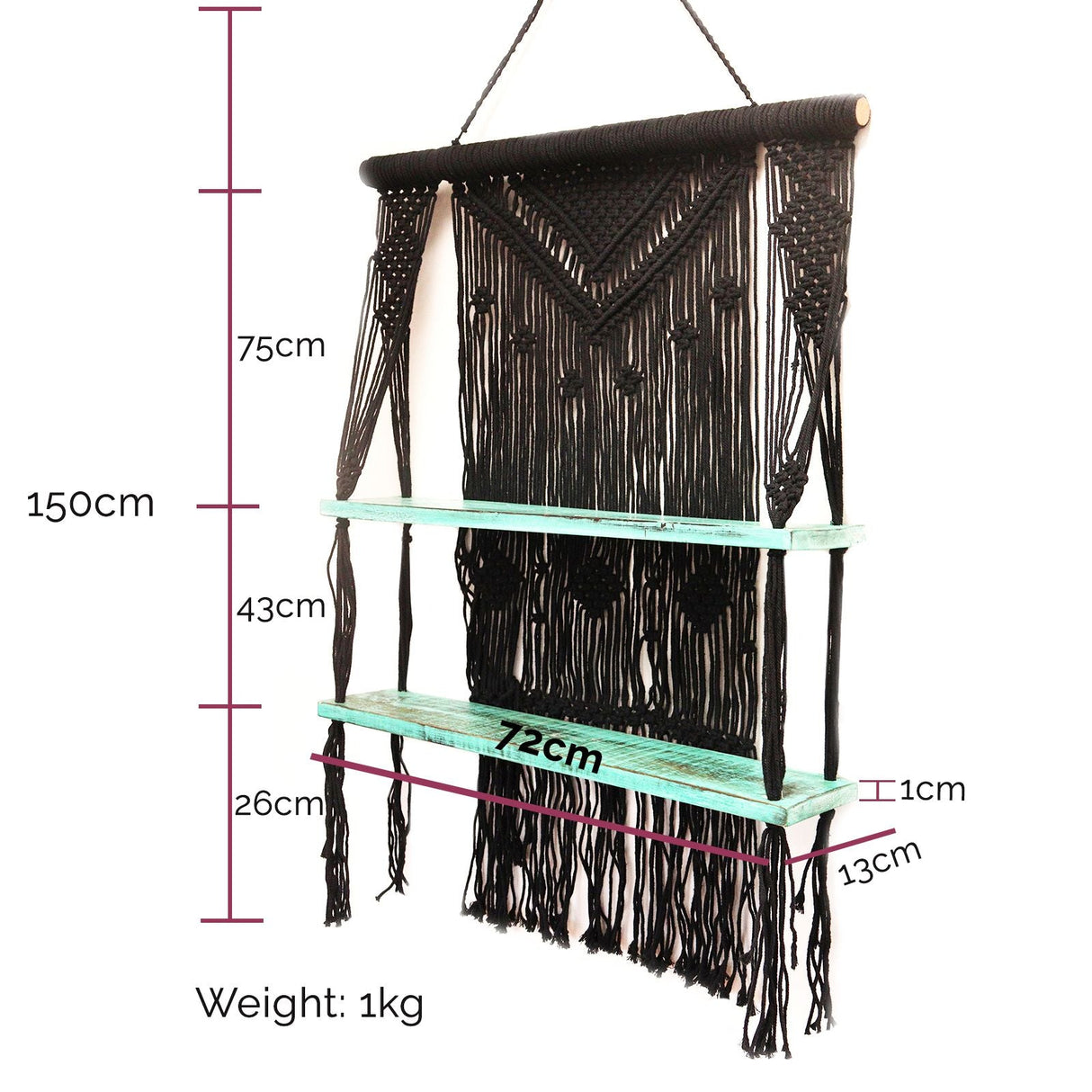 HatiNest Black Macrame Hanging Shelves - Turquoise