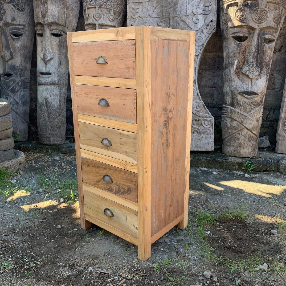 HatiNest Recycled Teak Wood 5 Drawers Storage Cabinet - 48x40x110cm