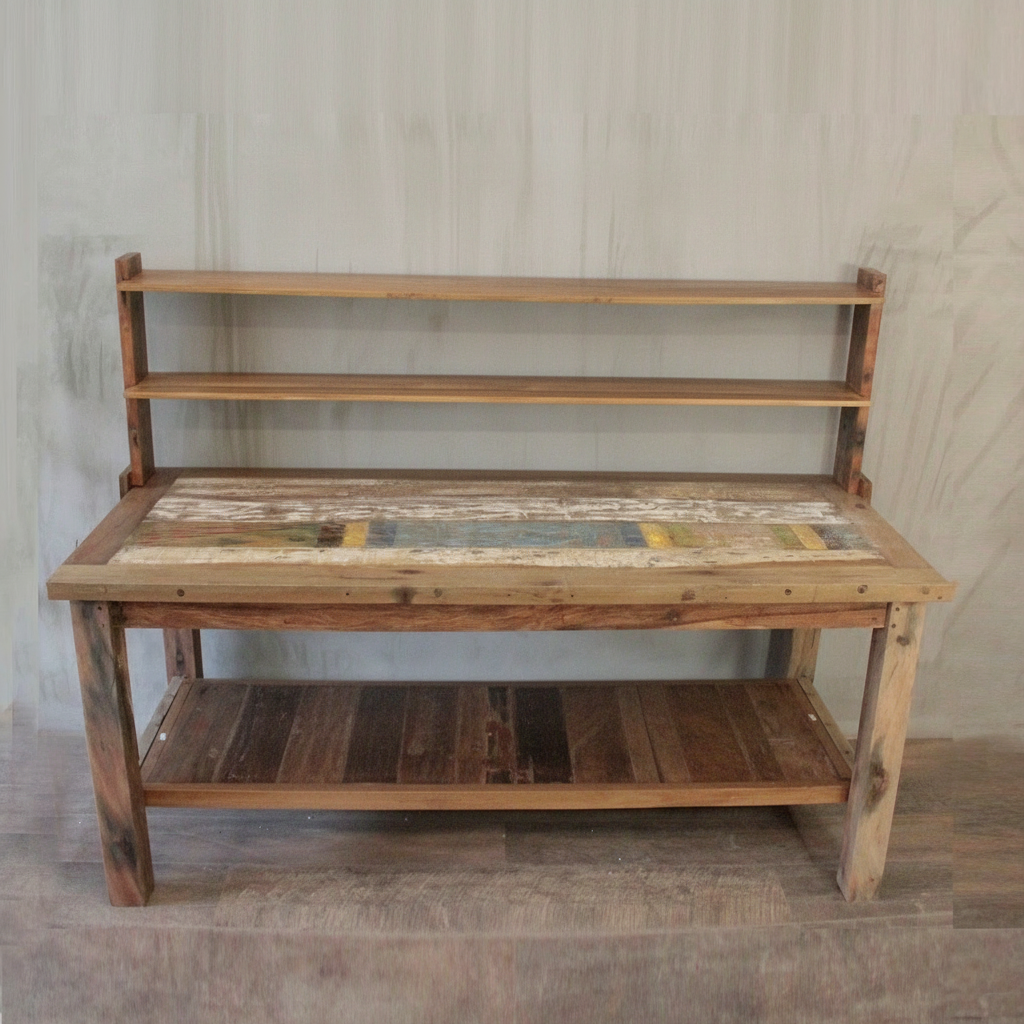 HatiNest Recycled Teak Wood Dining Table with Top Shelf - 180x80x80cm