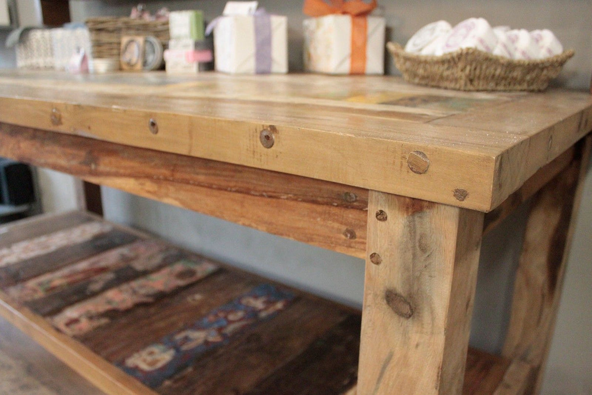 HatiNest Recycled Teak Wood Dining Table with Top Shelf - 220x80x80cm