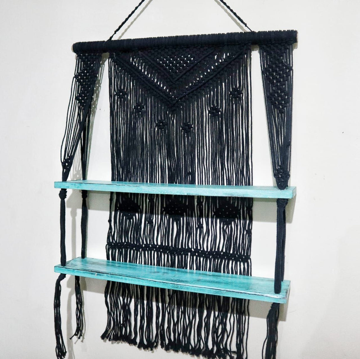 HatiNest Black Macrame Hanging Shelves - Turquoise