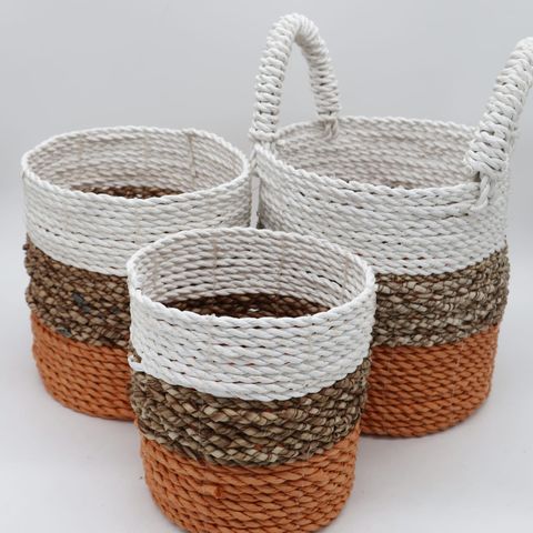 HatiNest Set of 3 Orange Seagrass Storage Baskets - 14, 16 & 17cm