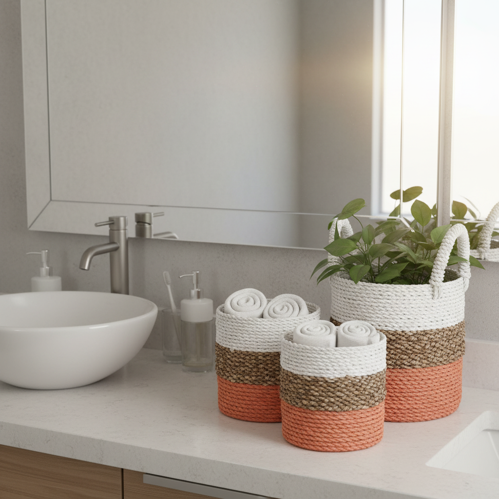 HatiNest Set of 3 Orange Seagrass Storage Baskets - 14, 16 & 17cm