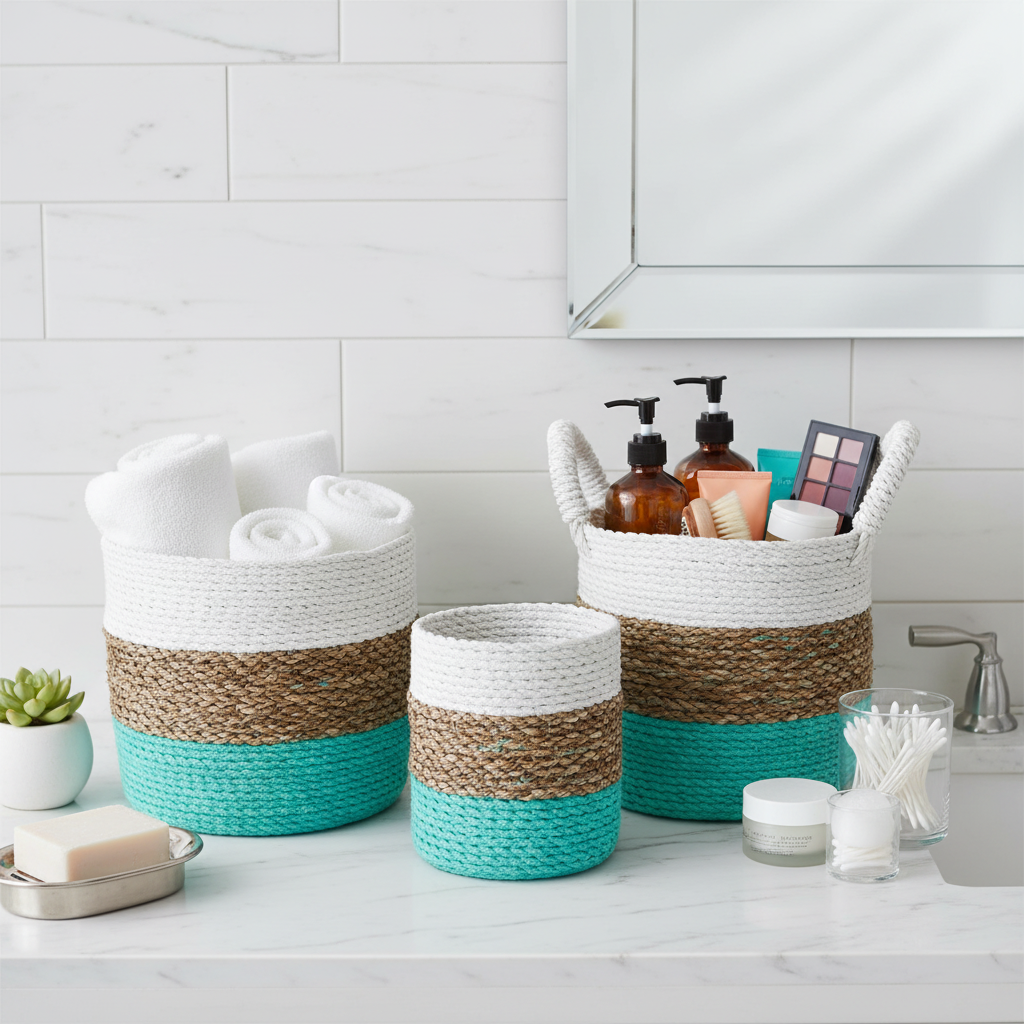 HatiNest Set of 3 Green Seagrass Storage Baskets - 14, 16 & 17cm