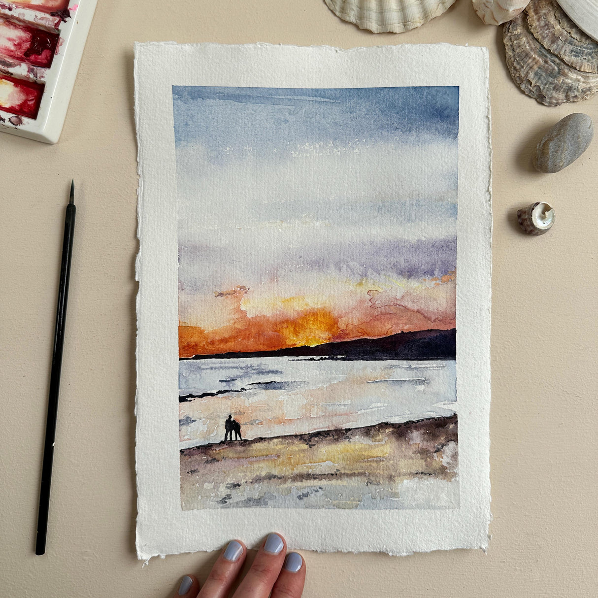 Katie Hipwell Design South Milton Sands Beach Sunset Watercolour Card