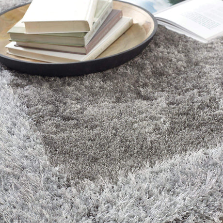 The Rugs Shimmer Silver Grey Bordered Shaggy Rug