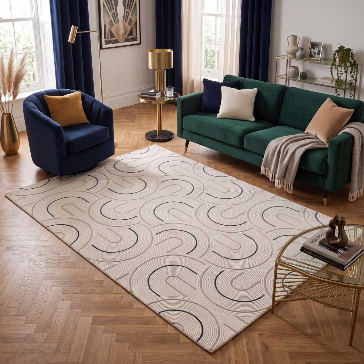 Carmel Cream‑Blue Geometric Indoor Floor Rug 6070 | The Rugs