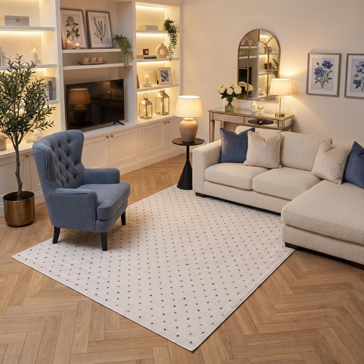 Carmel Cream‑Blue Dots Soft Indoor Floor Rug