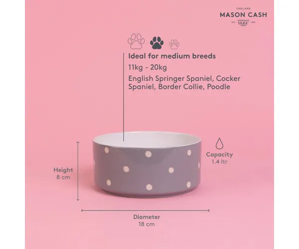 Mason Cash Polka Dot Dog Bowl, Grey, 18cm