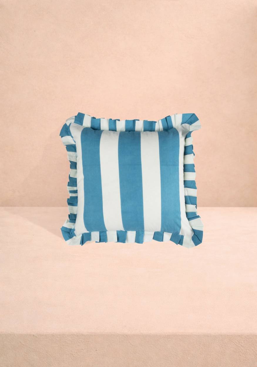 Casa by Josephine Jenno Blue and White Cabana Striped Ruffled Cushion Cover