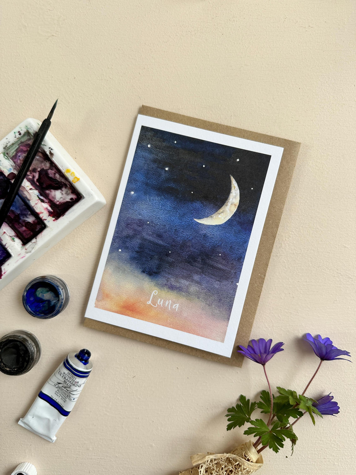 Katie Hipwell Design Hand‑Painted Crescent Moon Luna Watercolour Card