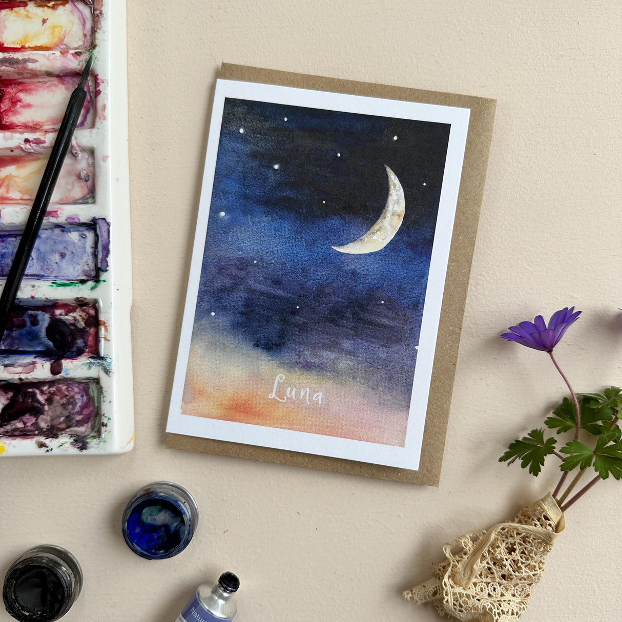Katie Hipwell Design Hand‑Painted Crescent Moon Luna Watercolour Card