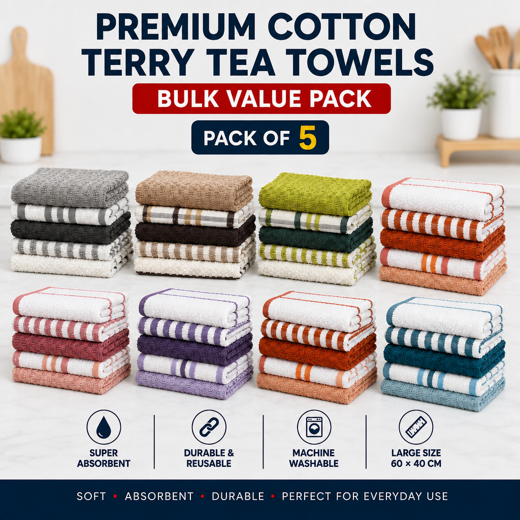 5 Pack Super Absorbent Check Quick Drying Cotton Terry Kitchen Tea Towels by OLIVIA ROCCO