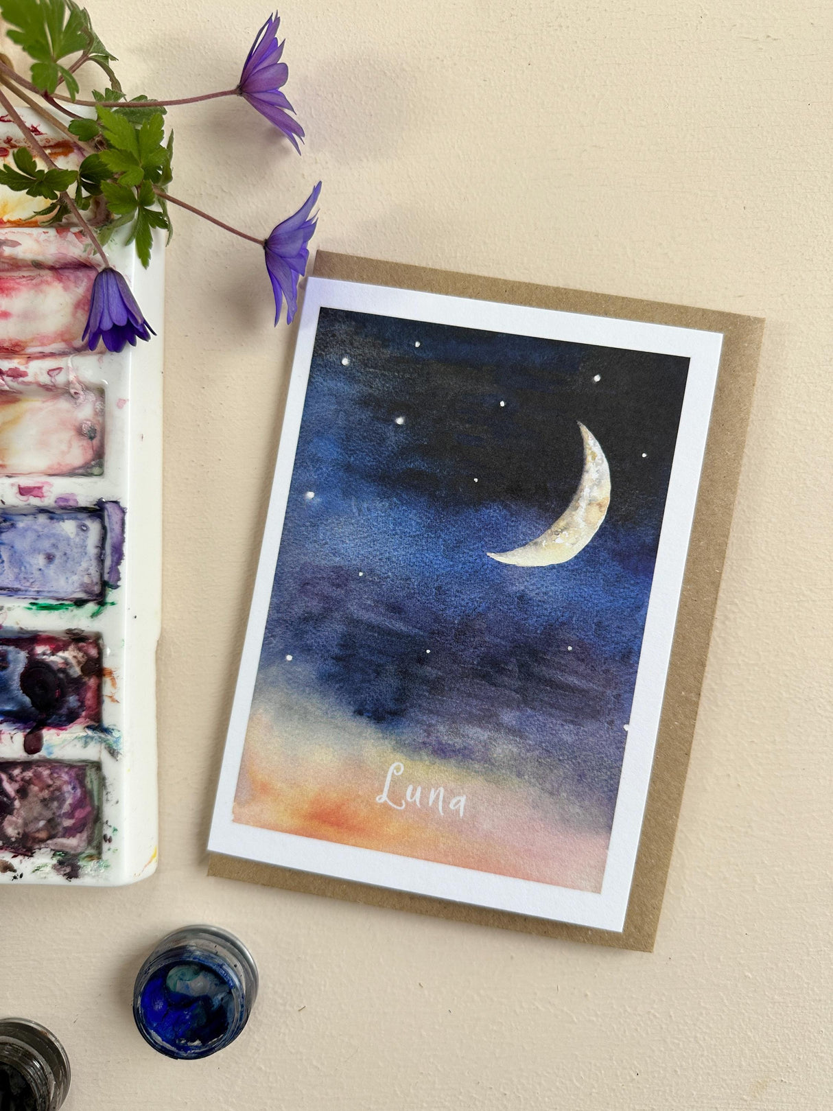 Katie Hipwell Design Hand‑Painted Crescent Moon Luna Watercolour Card