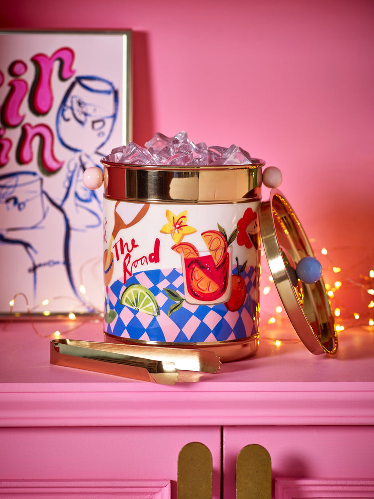 Designer stainless steel ice bucket and tongs by Eleanor Bowmer