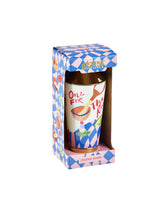 Cocktail shaker with colorful design in a patterned box on a white background