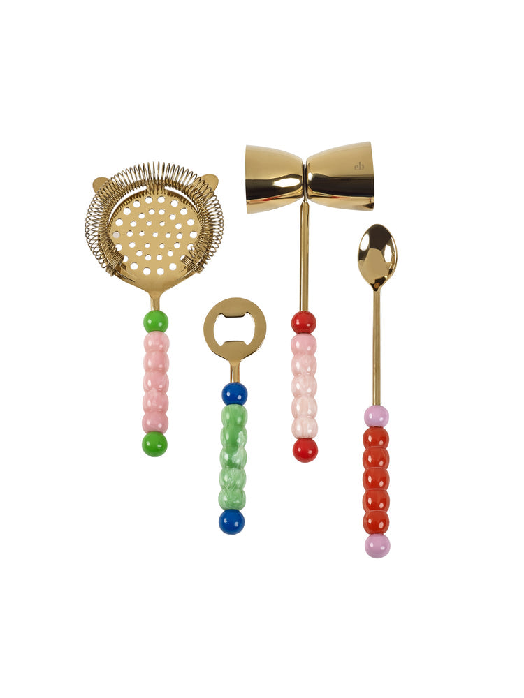 Eleanor Bowmer Set of 4 Bar Tools including jigger, corkscrew, bottle opener and tongs