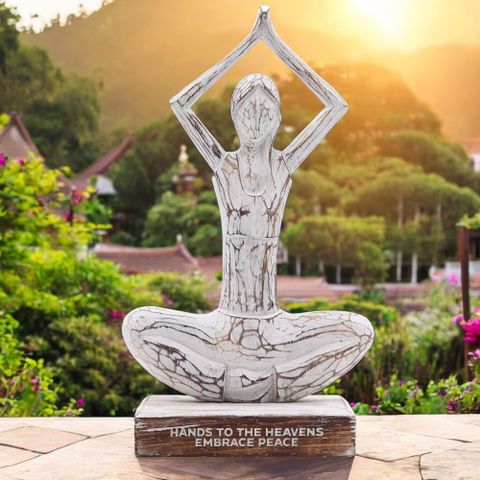 HatiNest Wooden Yoga Lady Hands Up Pose Whitewash Finish