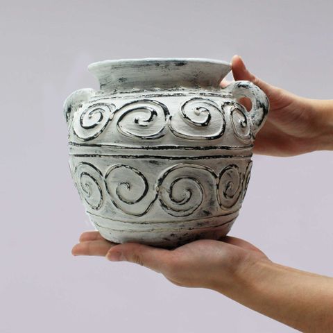 HatiNest Greek Clay Plant Pot with Handles Cream - 15cm
